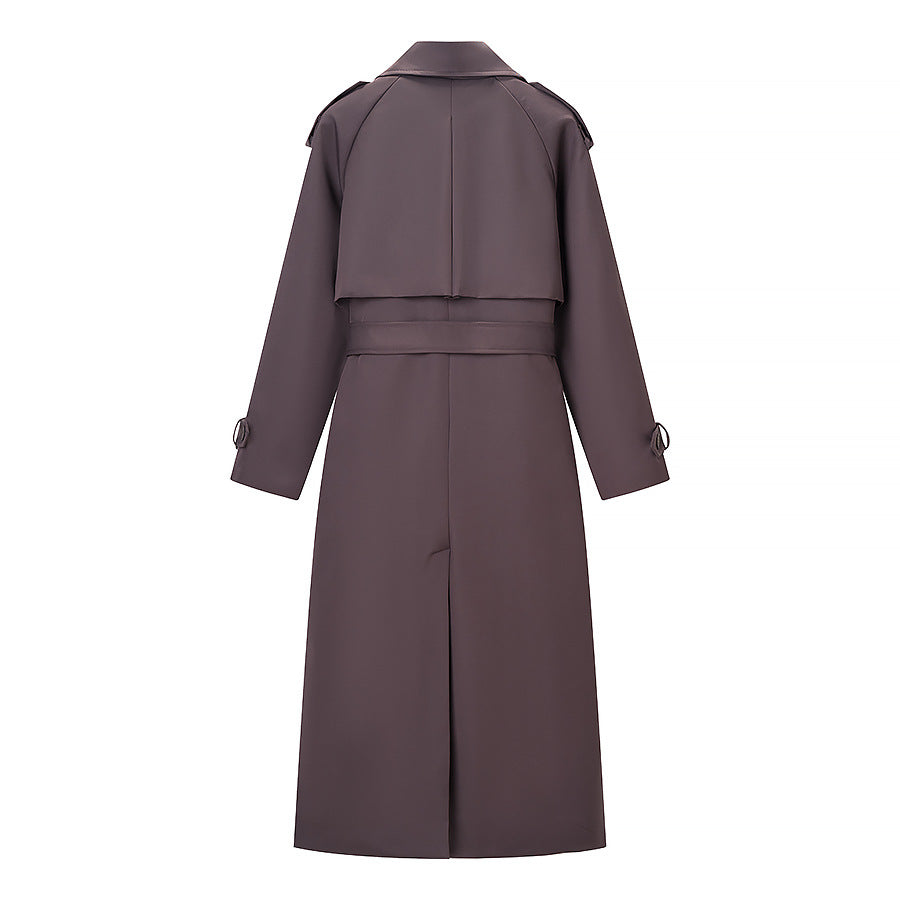 Women Longer tailored trench coat with tie belt and double-breasted button placket Chichicherry