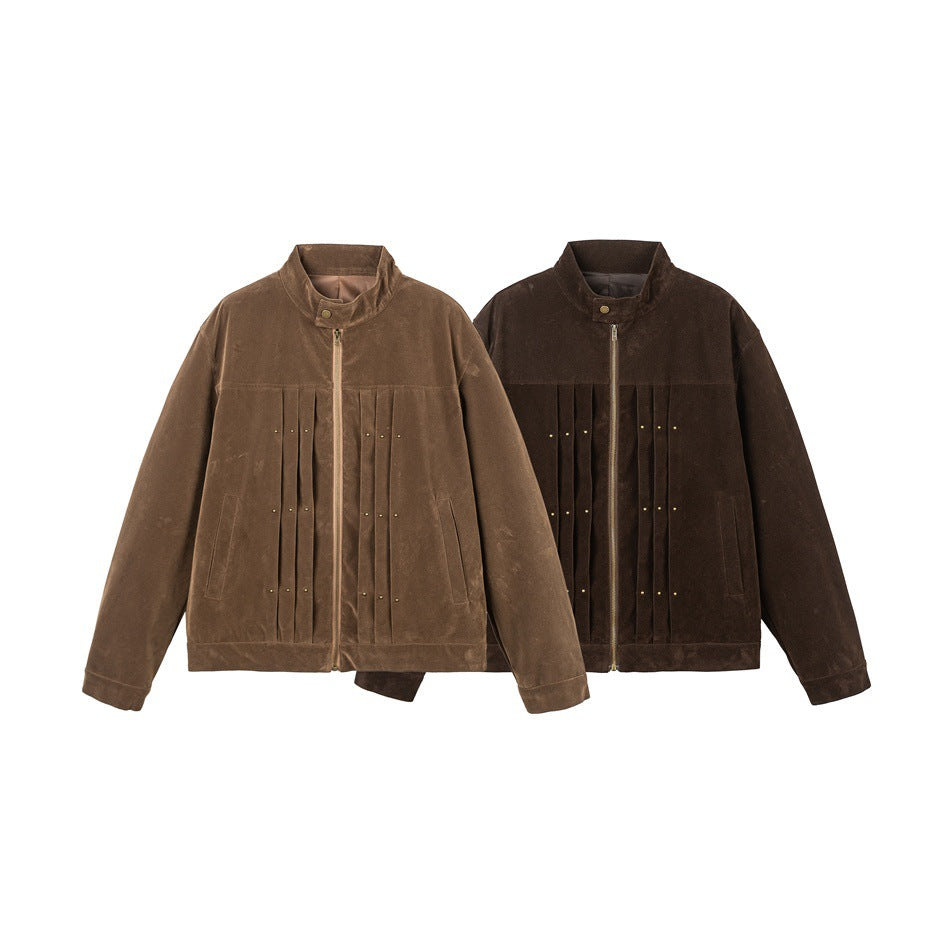 Men's Velour Leather Look Blouson Jacket with Pleated Yoke and Stud Detail Chichicherry