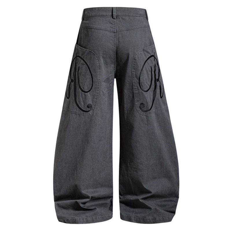 Women's Wide Denim Palazzo Pants with Balloon Hem and Attached Logo Pockets Chichicherry