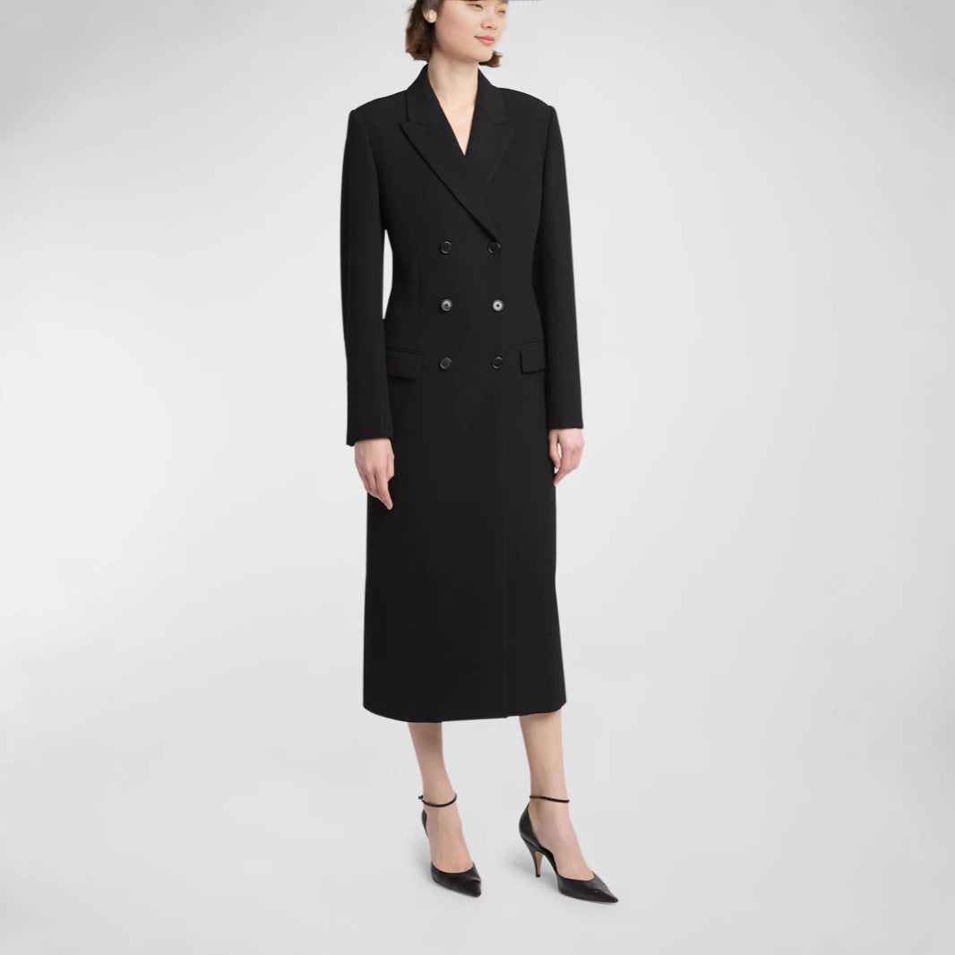 Women Mid-length Double-breasted Blazer Coat with Structured Shoulder and Slim Fit Chichicherry