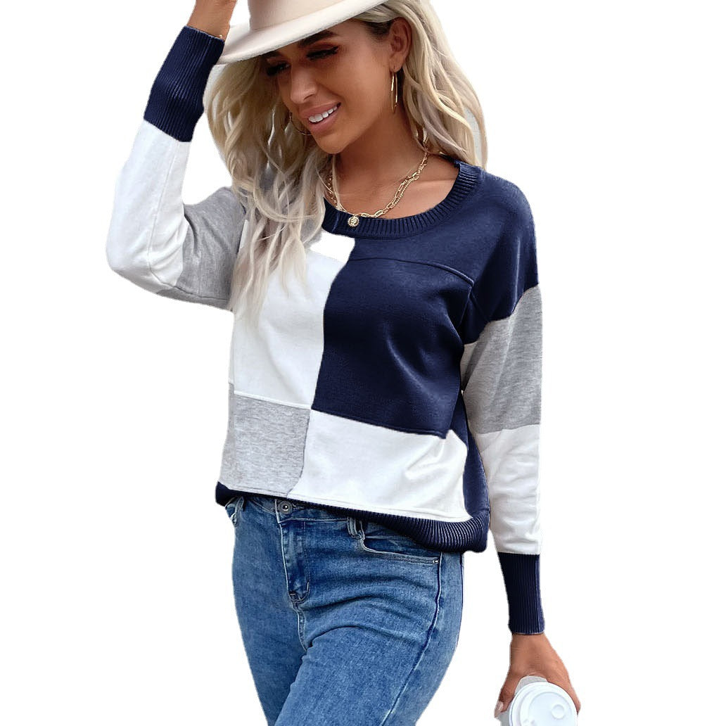 Women's casual fine knit sweater in block check pattern with ribbed hem and relaxed fit Chichicherry