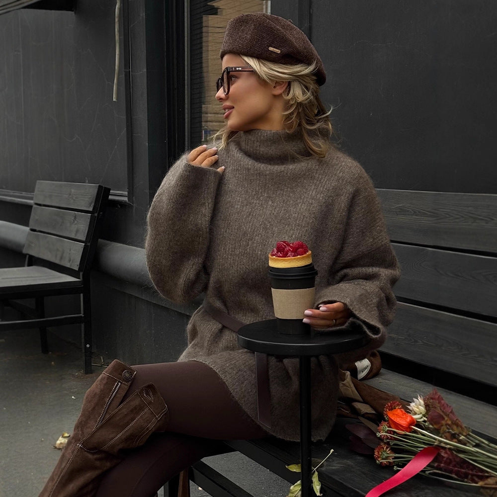 Women Oversize Mohair-Mix Roll-neck Sweater Dress with Balloon Sleeves and Waist Belt Chichicherry