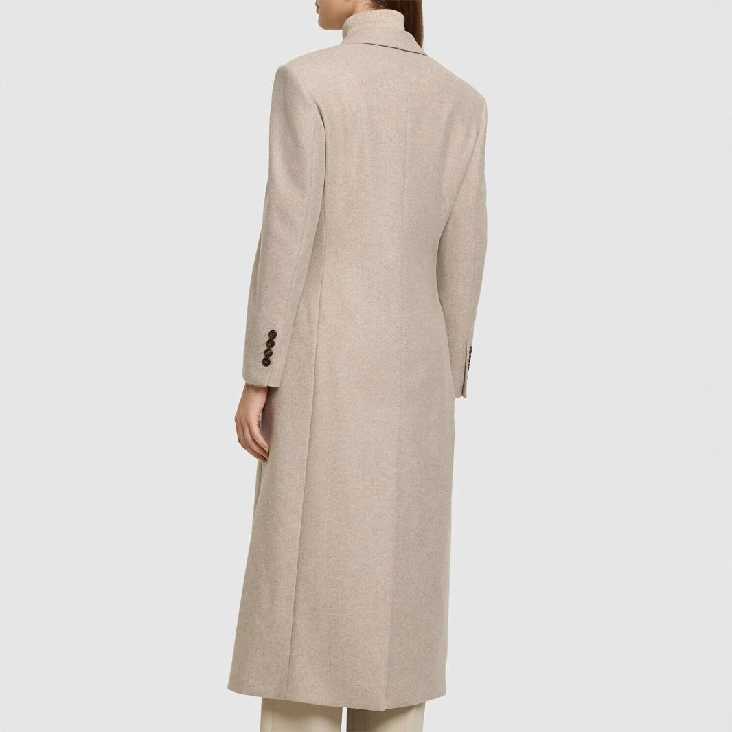 Women Tailored Longline Wool Blend Coat with Slim Silhouette and Single-Breasted Button Placket Chichicherry