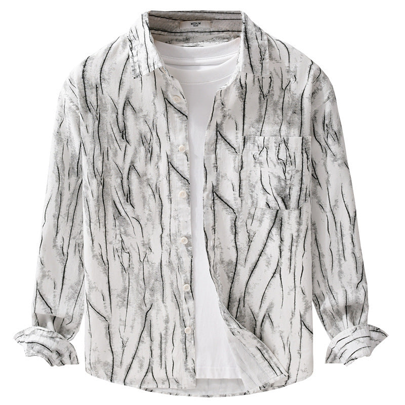 Men's Elegant-Relaxed Linen Blend Shirt with Artistic Brush Stroke Print and Chest Pocket Chichicherry