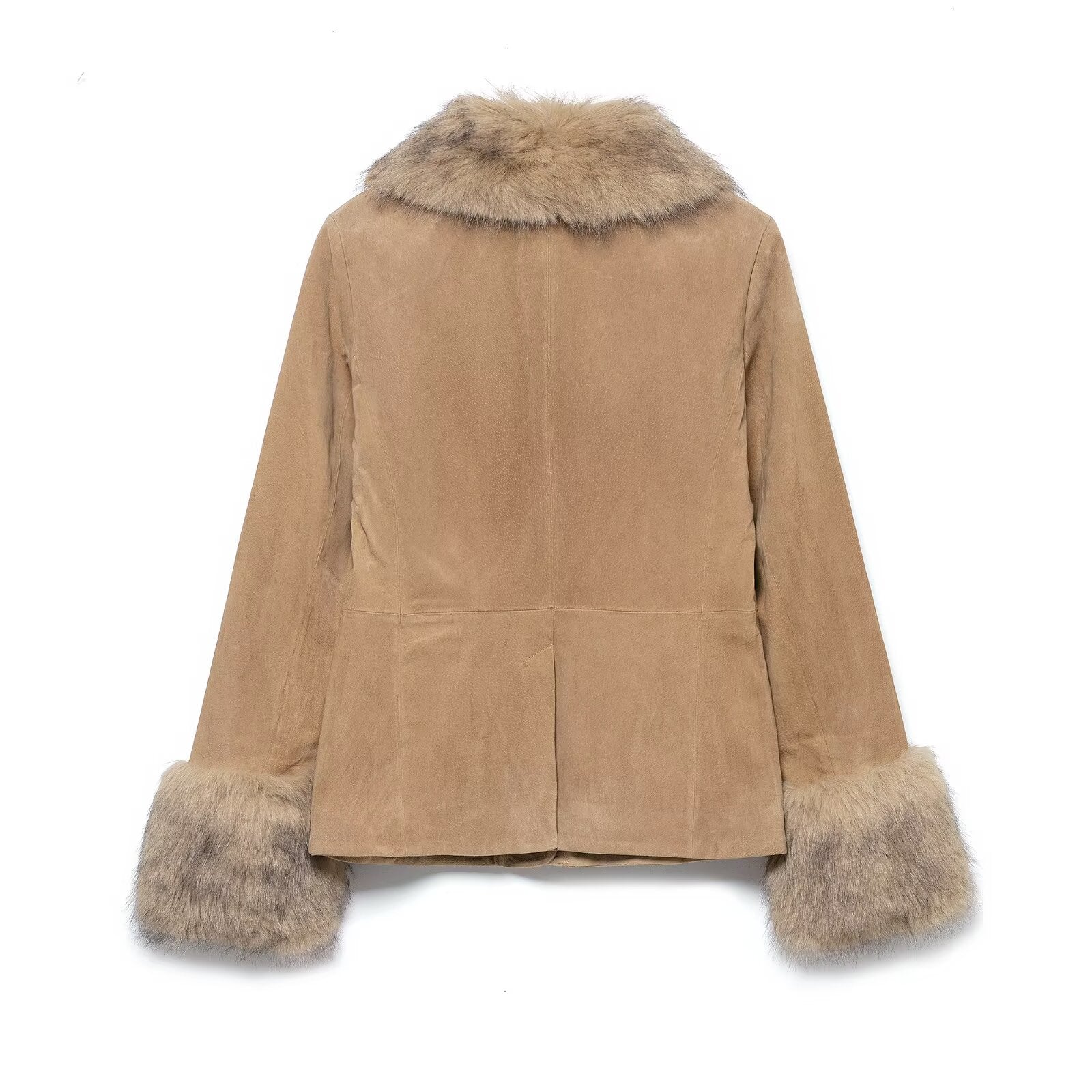Women's short suede jacket with voluminous fur collar and wide fur cuffs Chichicherry