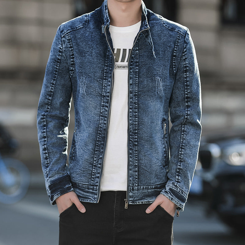Men's Slim-Fit Washed Denim Jacket with Stand Collar and Zipper Chichicherry