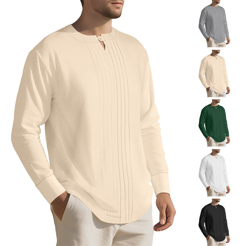 Men's Lightweight Long Sleeve Shirt in Linen Look with Stand-Up Collar, Pleats and Loop Closure Chichicherry