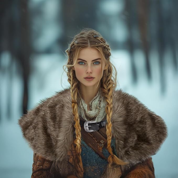 Ladies' coat cape made of faux fur with large shoulder collar and decorative buckle appliqué Chichicherry