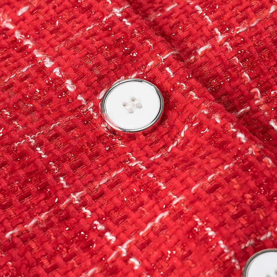 Women's Short-Cut Boucle Tweed Blazer with Round Neck, Decorative Buttons and Patch Pockets Chichicherry