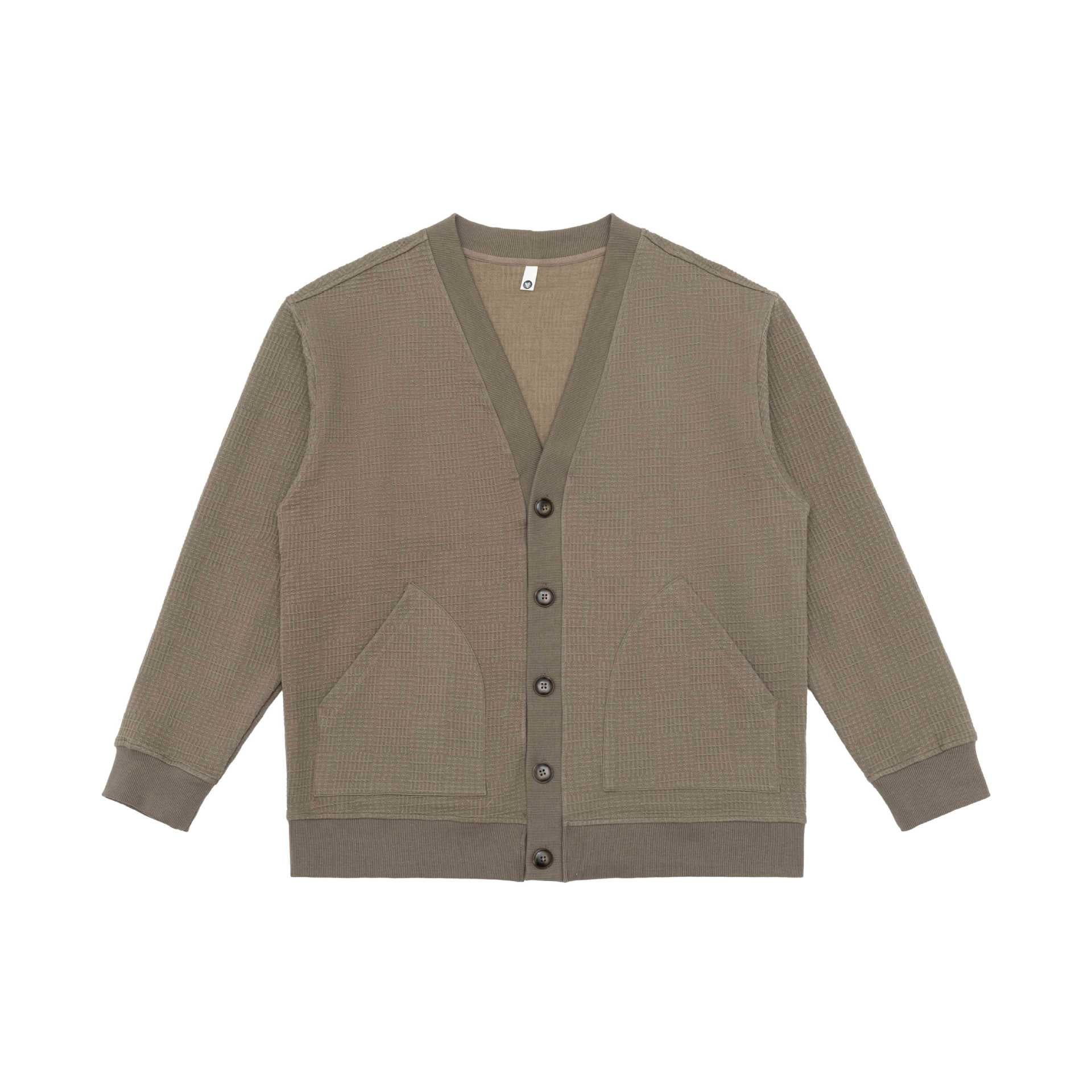 Unisex Waffle Structure Cardigan with V-Neck, Button Placket and Patch Pockets Chichicherry
