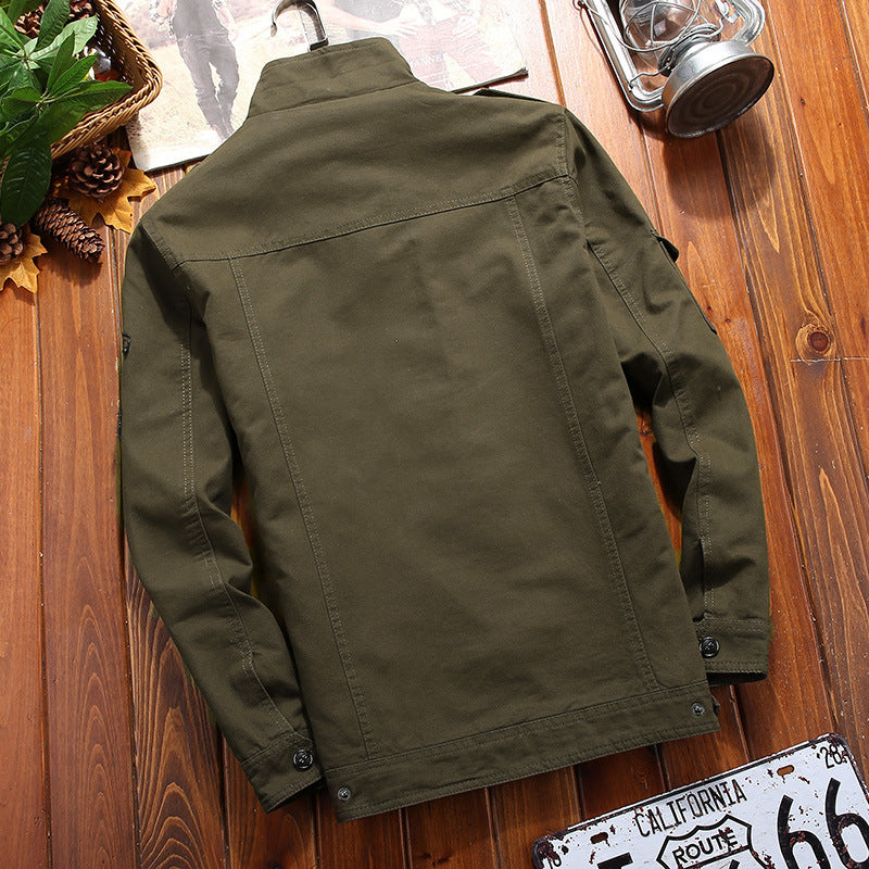 Men's lightweight canvas military jacket with stand-up collar, epaulets, and multiple flap pockets Chichicherry