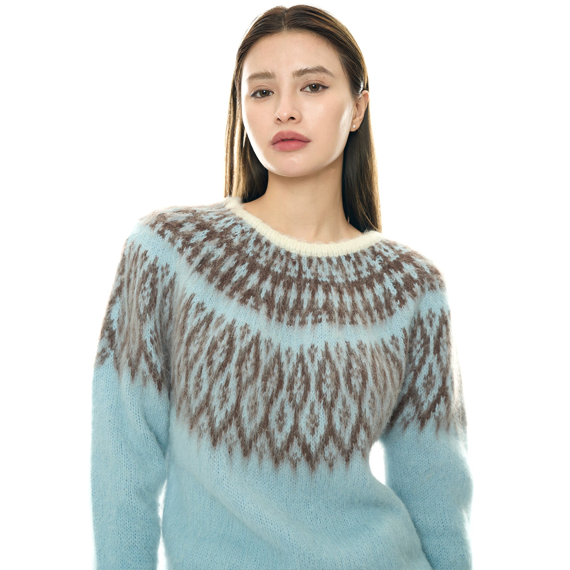 Ladies Round Neck Sweater with Norwegian Jacquard and Mohair Look Chichicherry