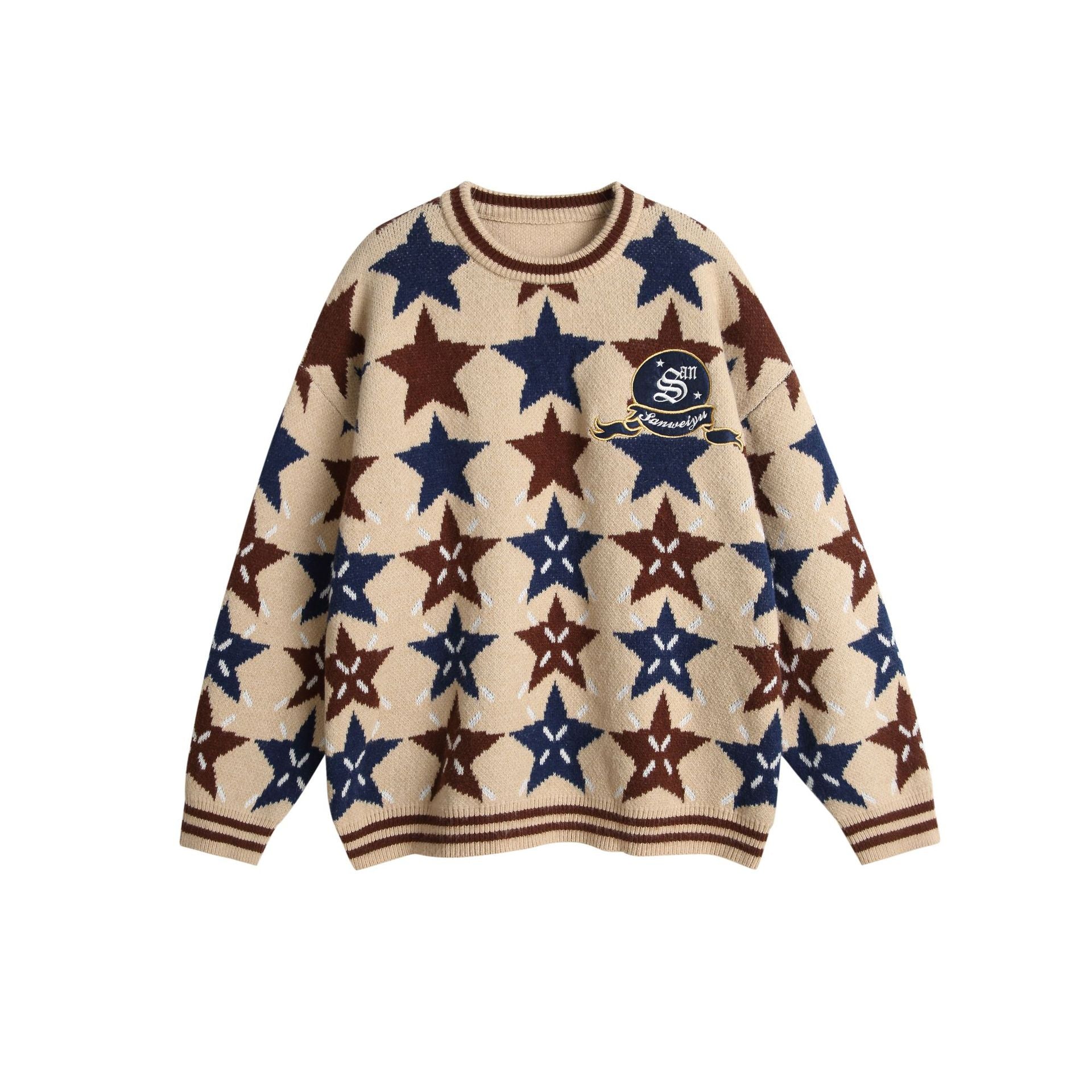 Unisex Chunky Knit Oversized Sweater with Star Intarsia and Embroidered Logo Patch Chichicherry