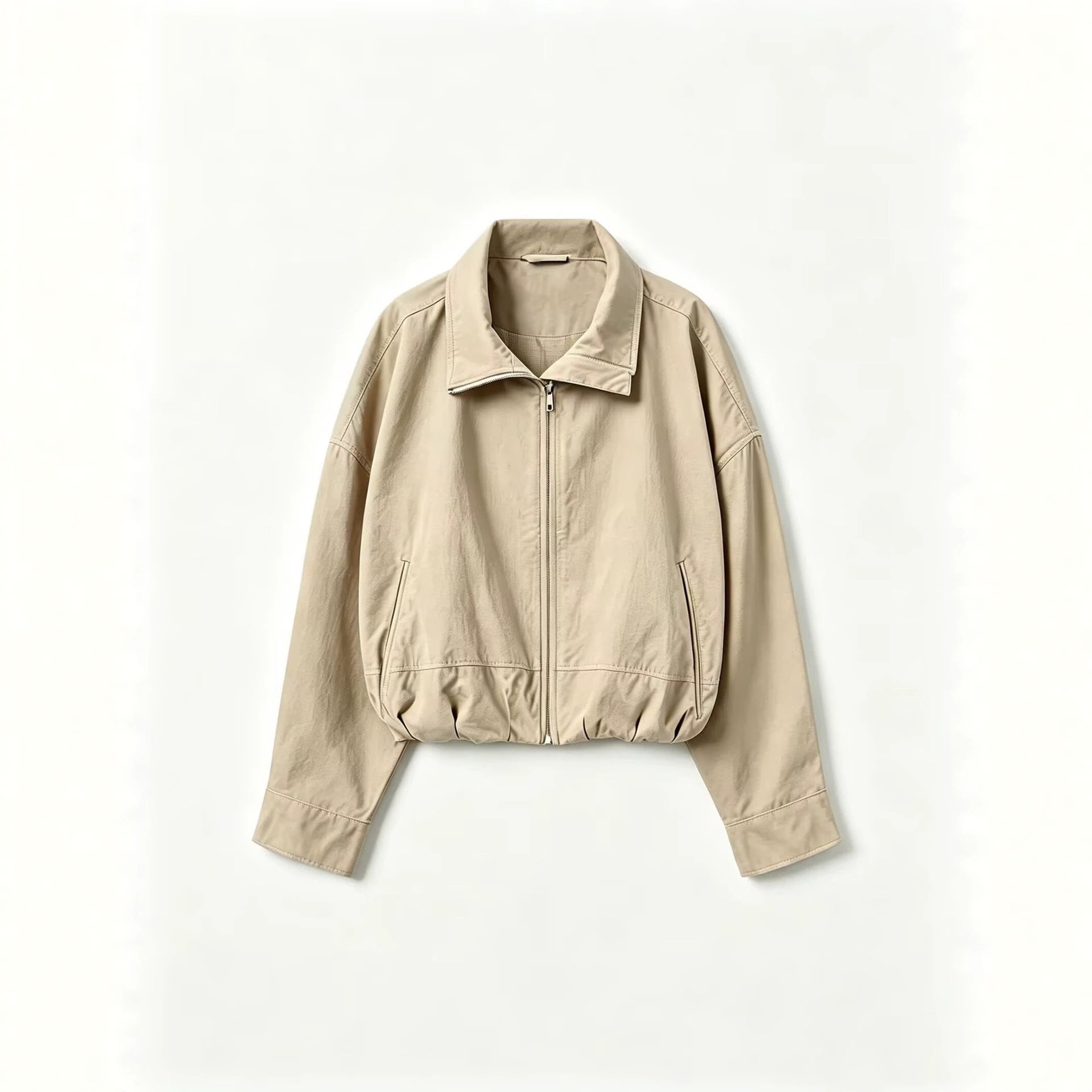 Women's Lightweight Short Bomber Jacket with Stand-up Collar, Drawstring Waist and Concealed Zipper Chichicherry