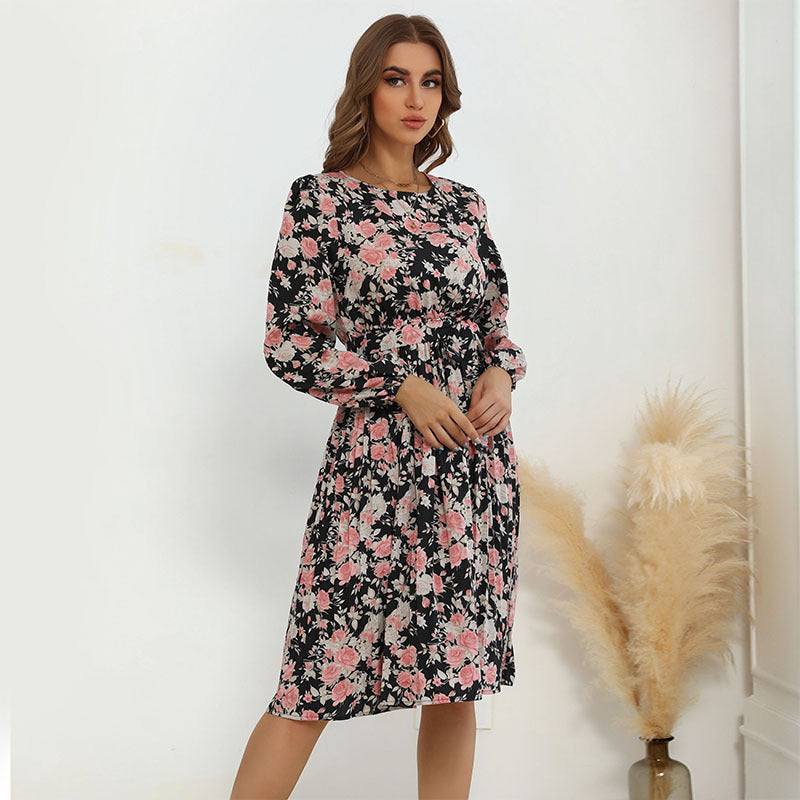 Women's midi dress with floral all-over print, waist gathering, and side slit Chichicherry