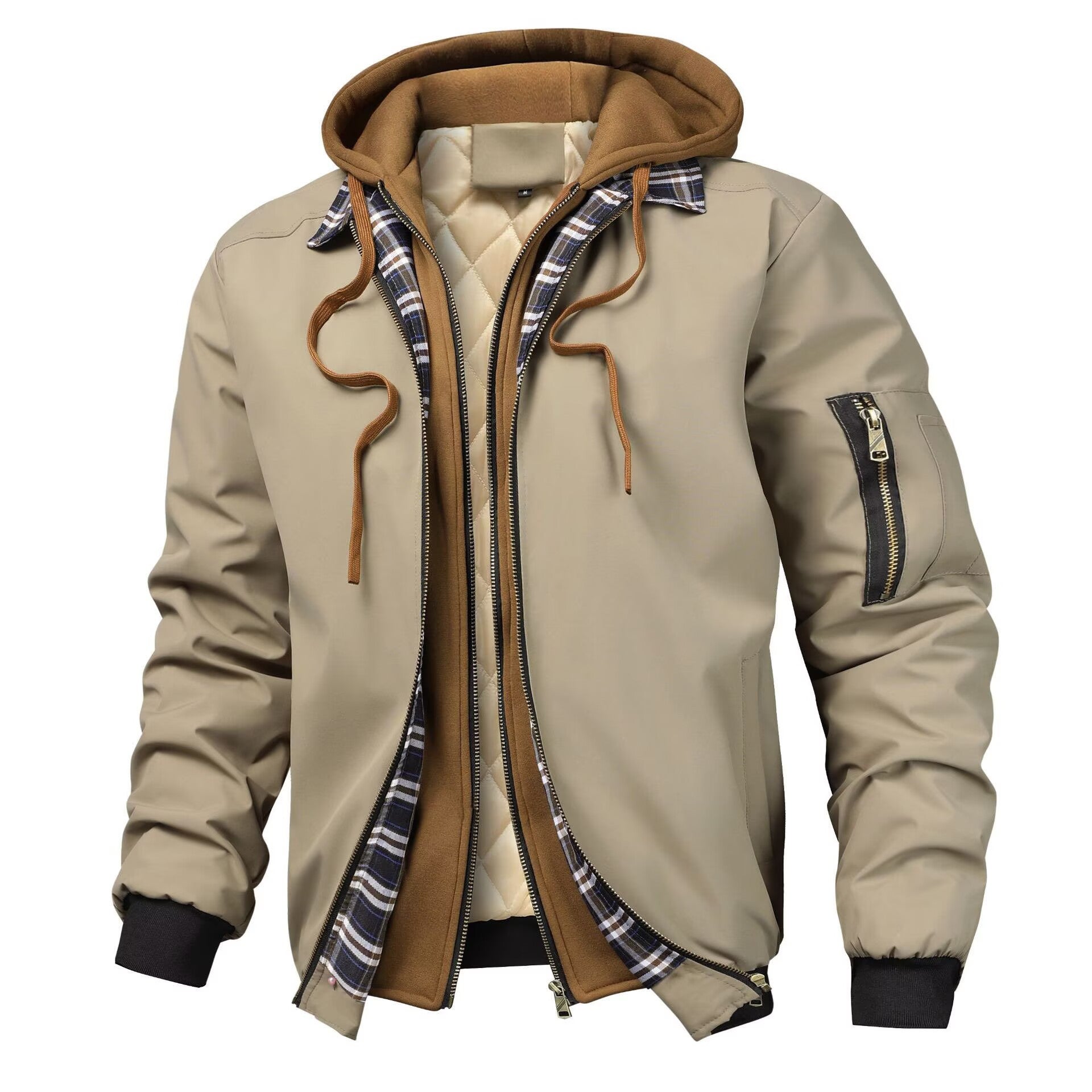 Men's Layered Bomber Jacket with Hood Inlay, Quilted Inner Vest and Arm Pocket Chichicherry