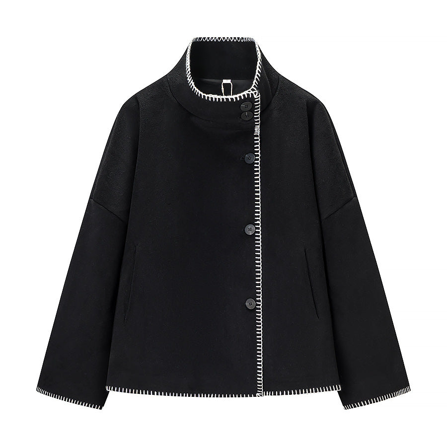 Women's Short Wool Cape Coat with Stand Collar, Contrast Stitching and Snap Button Closure Chichicherry