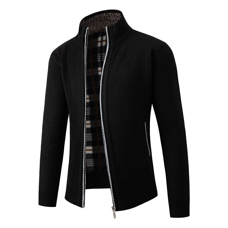 Men's Structured Zip Cardigan with Check Fleece Lining and Stand-Up Collar Chichicherry