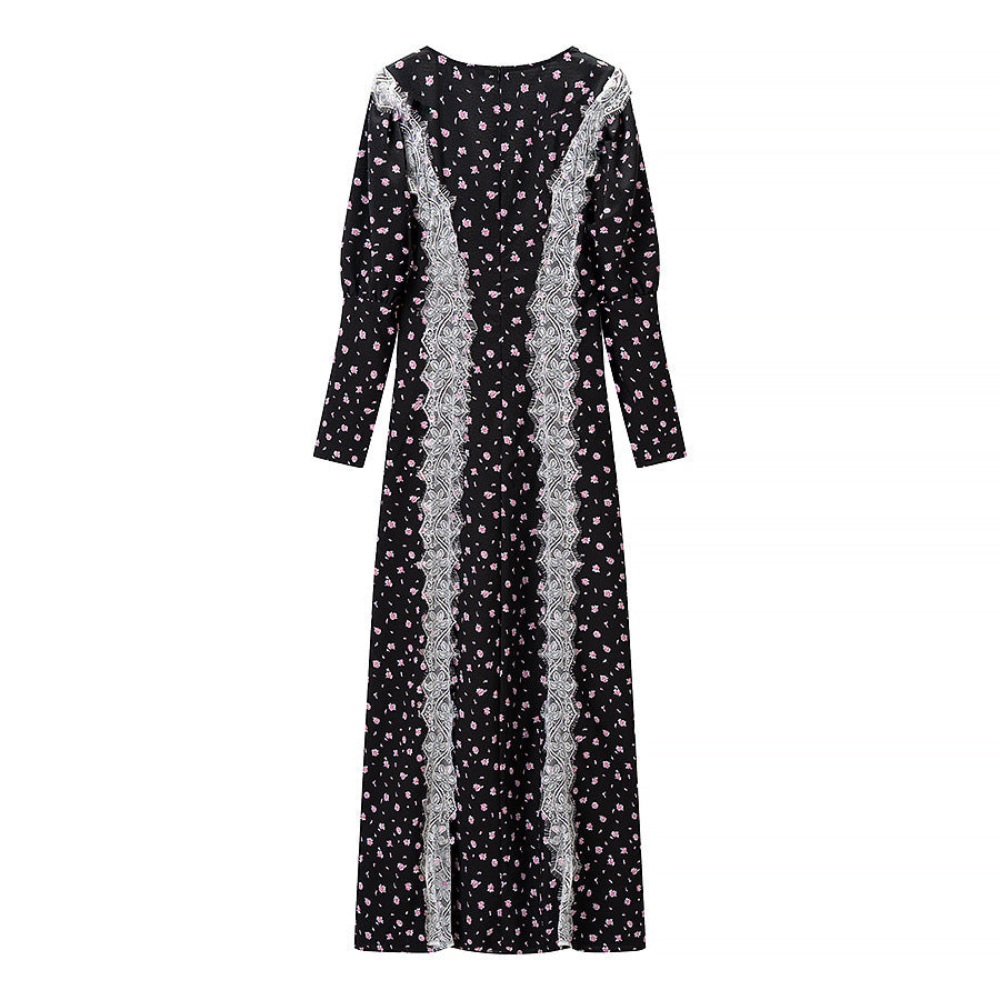 Ladies max dress with lace insert, long sleeves and floral all-over print Chichicherry