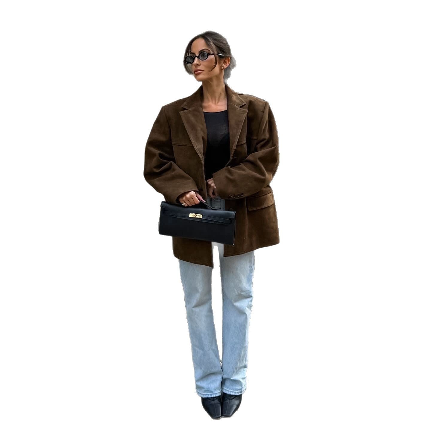 Women's Oversized Suede Blazer with Lapel Collar and Flap Pockets Chichicherry