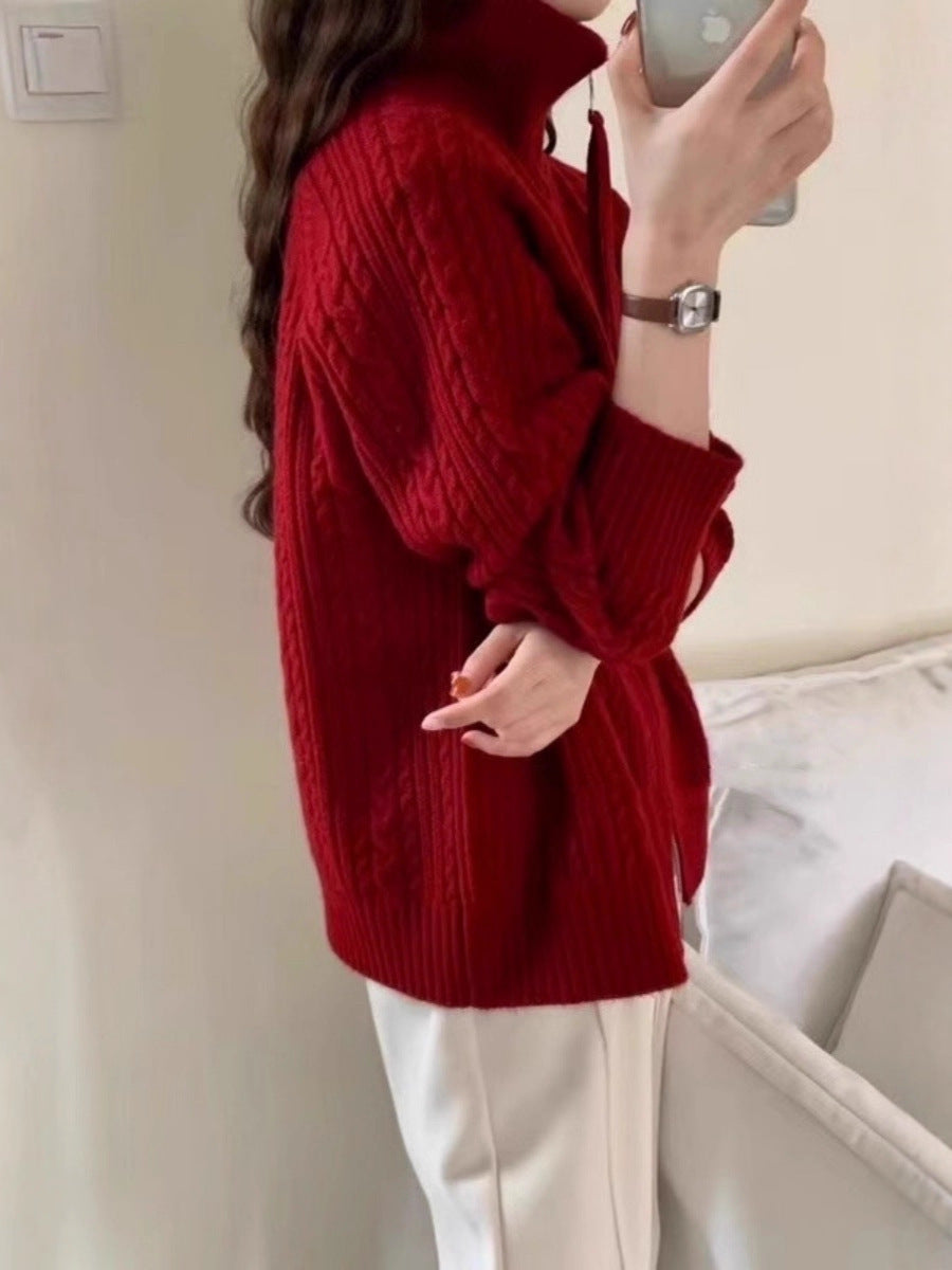 Women's Kastiger Cable Knit Cardigan with Two-Way Zipper, Stand-Up Collar and Wide Ribbed Hem Chichicherry