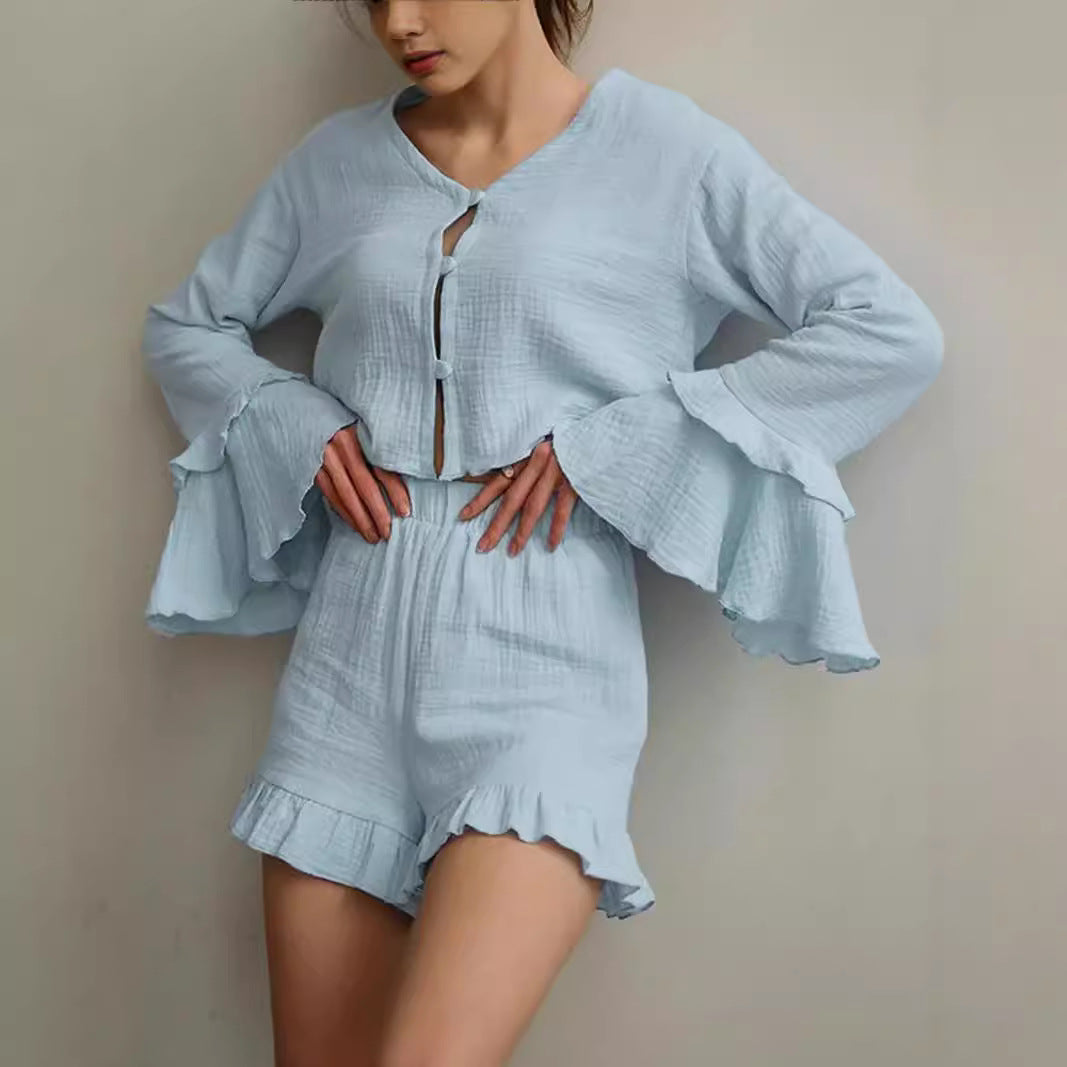 Women Two-Piece Crinkle Lounge Set with Ruffle Shorts and Tiered Trumpet Sleeves Chichicherry