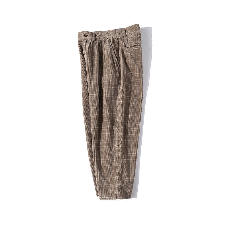 Men's Wide Cord Pants with Pleats, Cropped Cut and Check Pattern Chichicherry