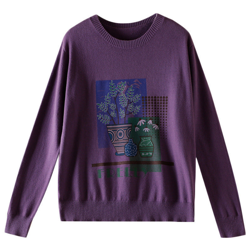 Ladies Lightweight Round Neck Sweater with Graphic Plant Print and Fine Knit Chichicherry