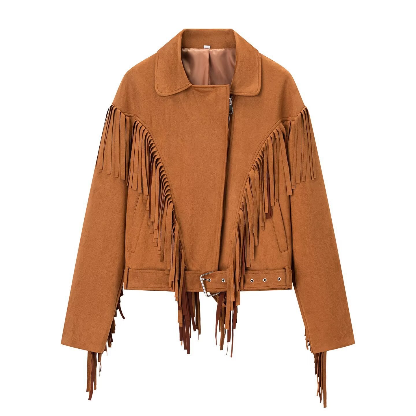 Women's Suede Look Fringe Jacket with Oversized Cut, Waist Belt and Statement Sleeves Chichicherry