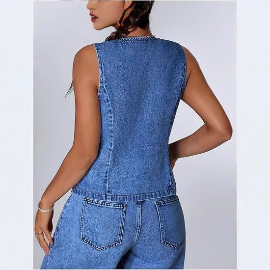 Women's Fitted Denim Vest with V-Neck and Tie Detail Chichicherry