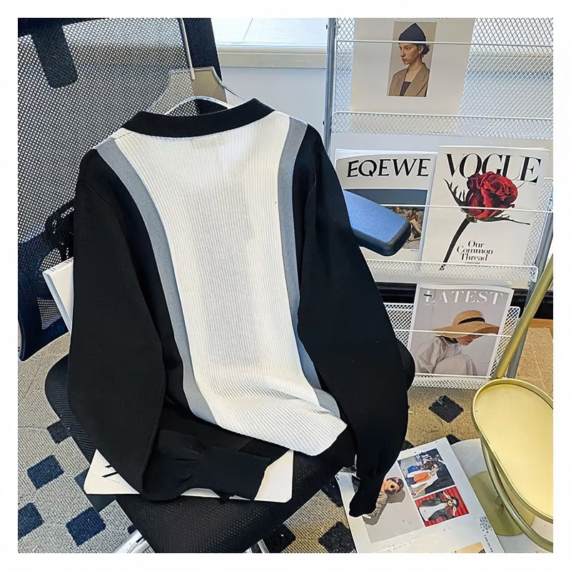 Damen Feinstrick-Cardigan mit Polokragen, kontrastierenden Rippeinsätzen und durchgehender Knopfleiste Chichicherry