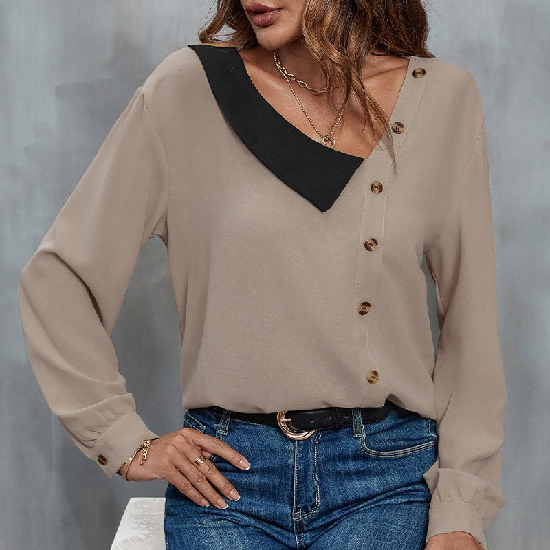 Women's Asymmetric Chiffon Blouse with Contrast Pointed Collar and Side Button Placket Chichicherry