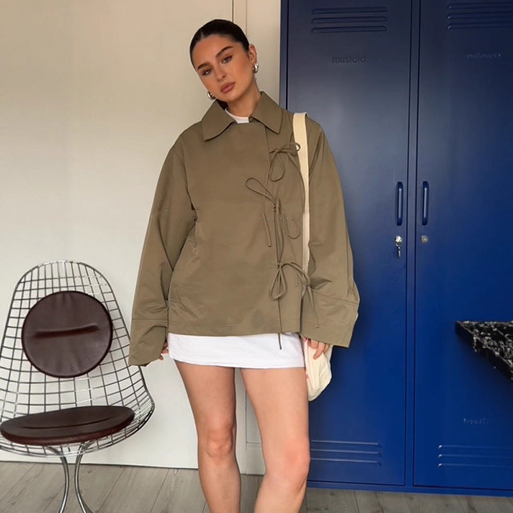 Women's Oversized Shirt Jacket with Decorative Knot Closures and Shirt Collar Chichicherry