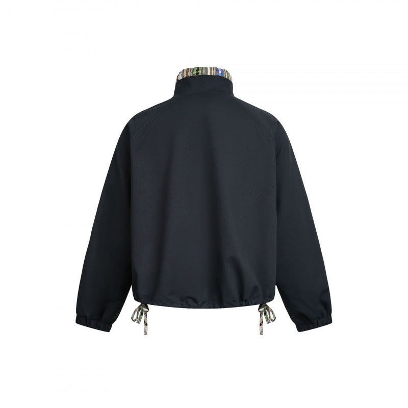 Women Short Tail Bomber Jacket with Stand-Up Collar and Patterned Lining Chichicherry