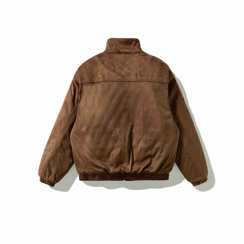 Men's Velvet Leather Look Bomber Jacket with High Stand Collar and Teddy Lining Chichicherry