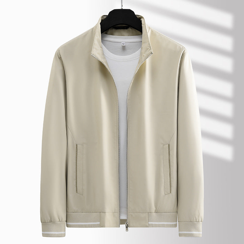 Men's Lightweight Minimalist Bomber Jacket with Stand Collar, Two-Way Zipper and Ribbed Cuffs