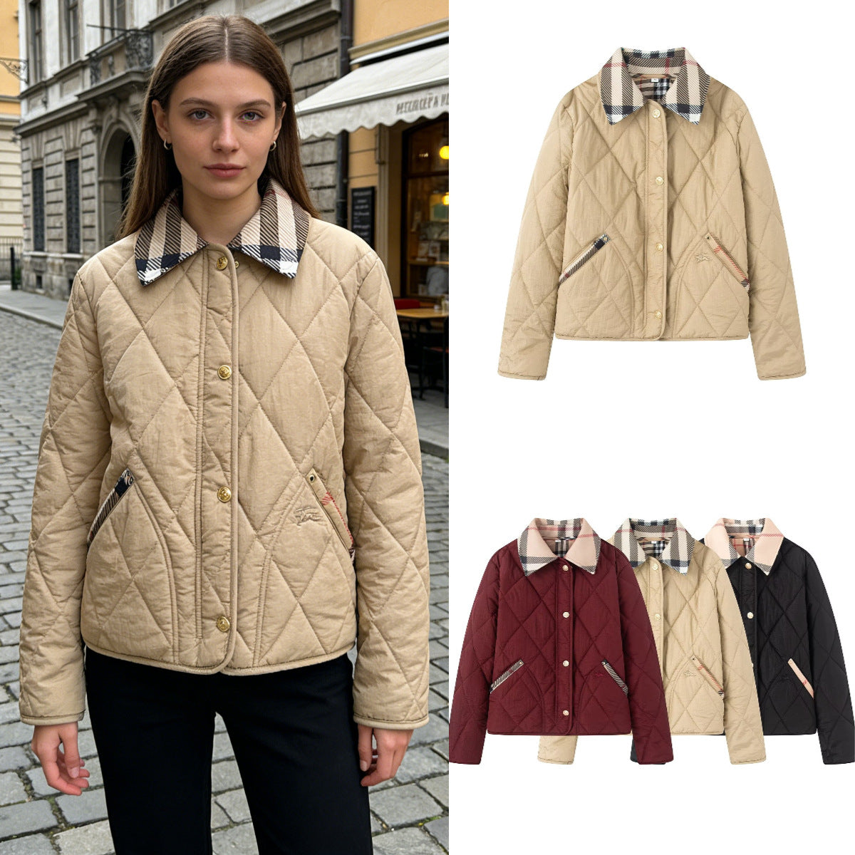 Women's quilted jacket with checked collar and pocket flap Chichicherry