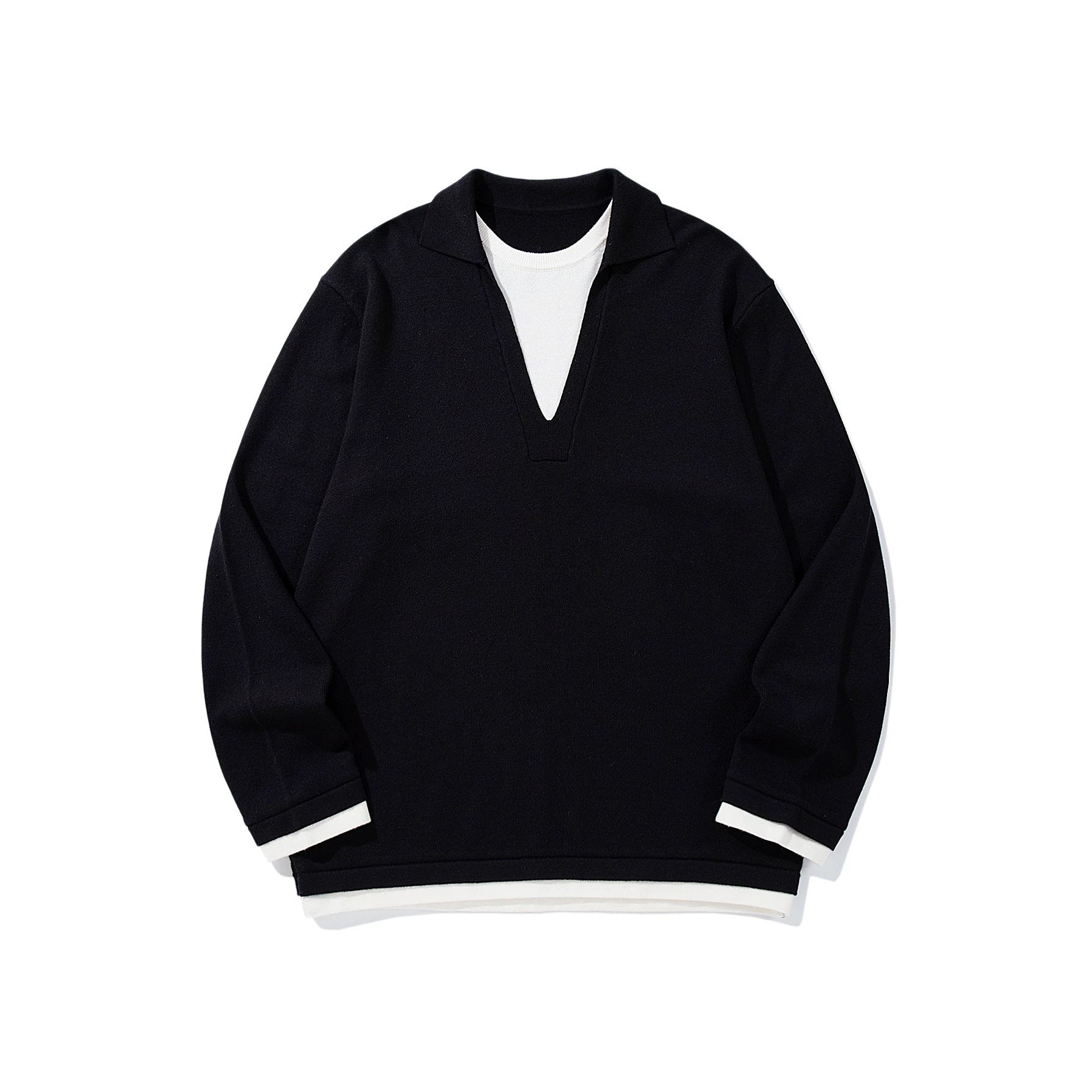 Unisex Casual Oversized Knit Sweater with Deep V Insert and Shirt Layer Look Chichicherry