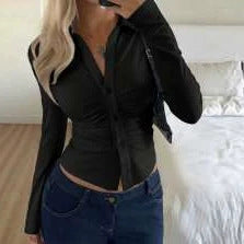 Women Tailored Buttonable Ruffle Top with V-Neck and Figure-Shaping Gather Chichicherry