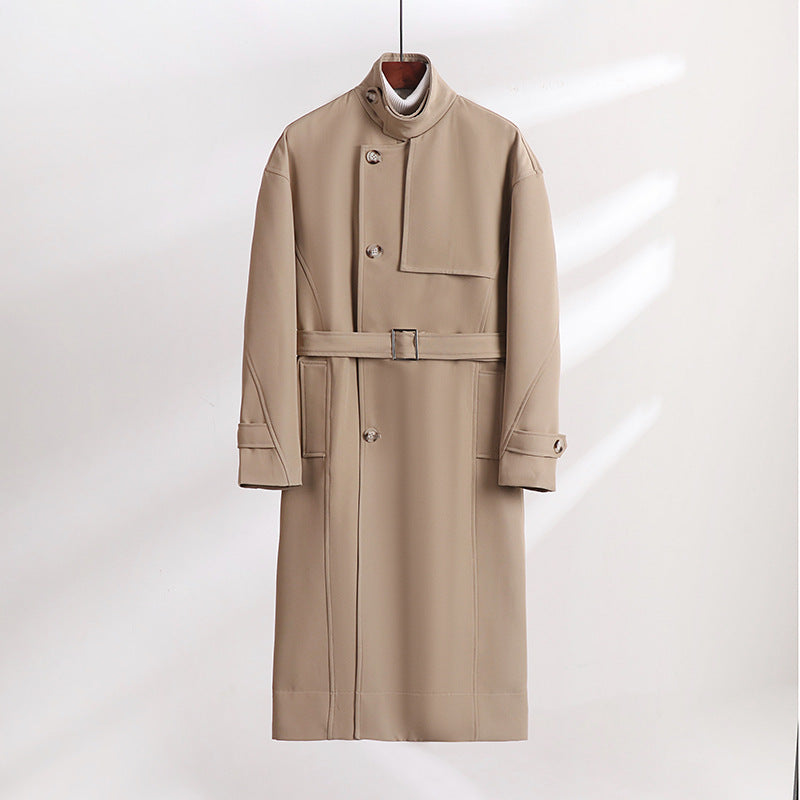Men's Long-Cut Minimalist Trench Coat with Shawl Collar and Adjustable Sleeve Straps Chichicherry