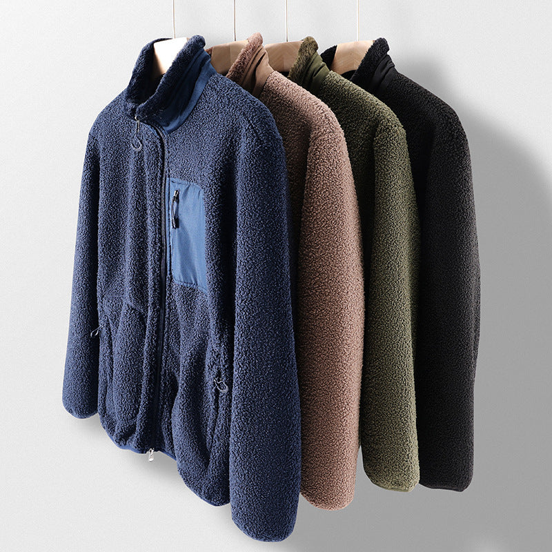 Men's teddy fleece jacket with stand-up collar, kangaroo pockets, and chest zip pocket Chichicherry