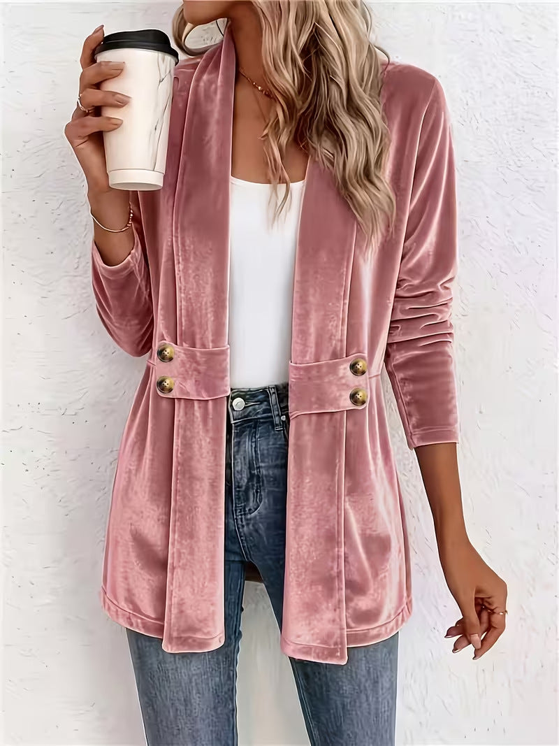Women's velvet long blazer with shawl collar and decorative button straps Chichicherry