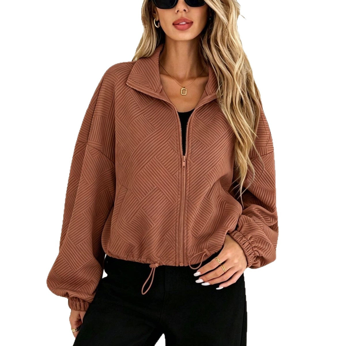 Women's Quilted Bomber Jacket with Geometric Structure, Stand-up Collar and Drawstring Hood