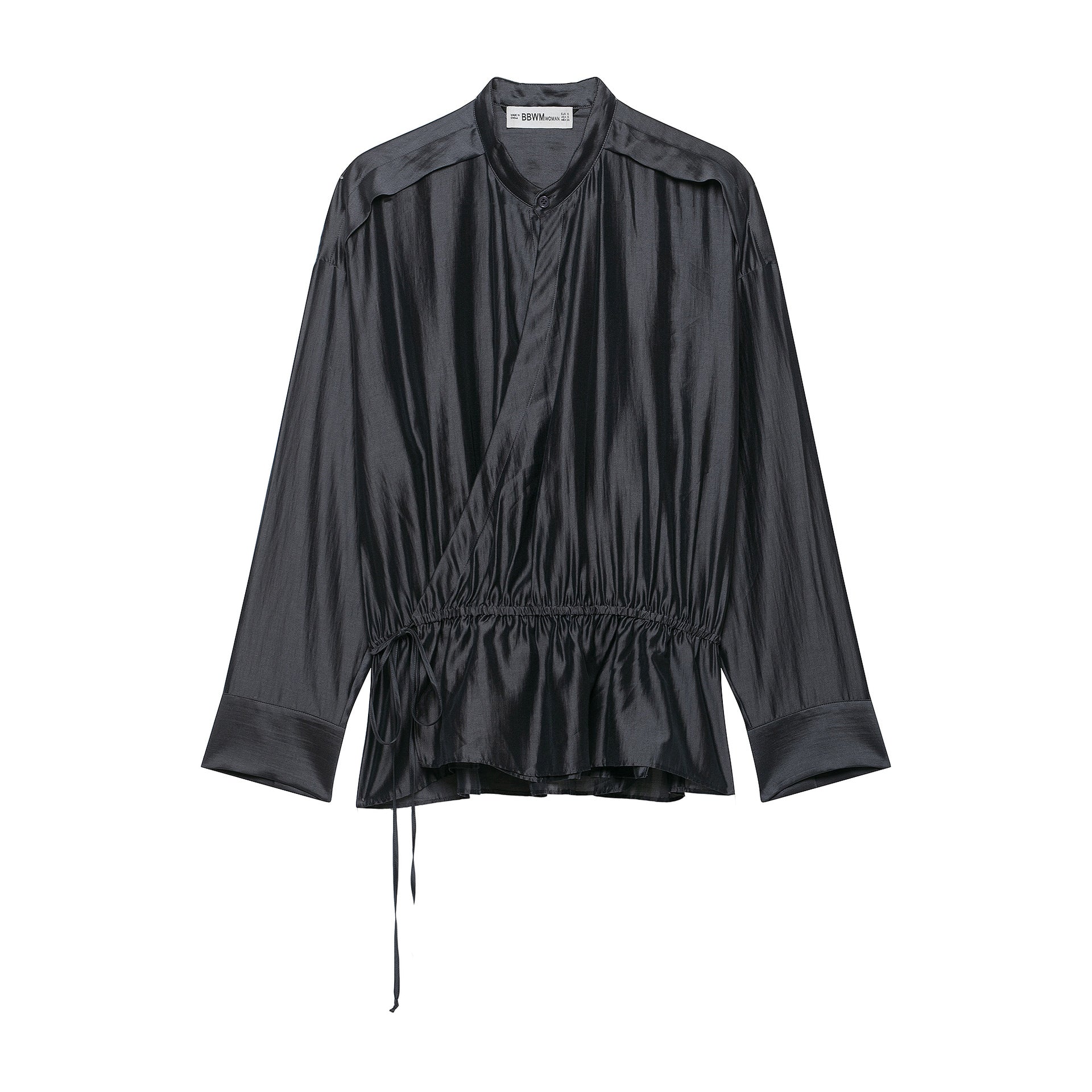Women's satin blouse with stand-up collar, wrap look and drawstring Chichicherry