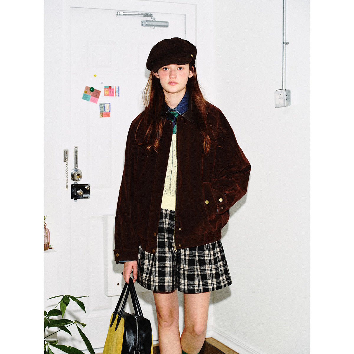 Men's Boxy Suede Leather Blouson with Contrasting Leather Collar and Snap Flap Pockets Chichicherry