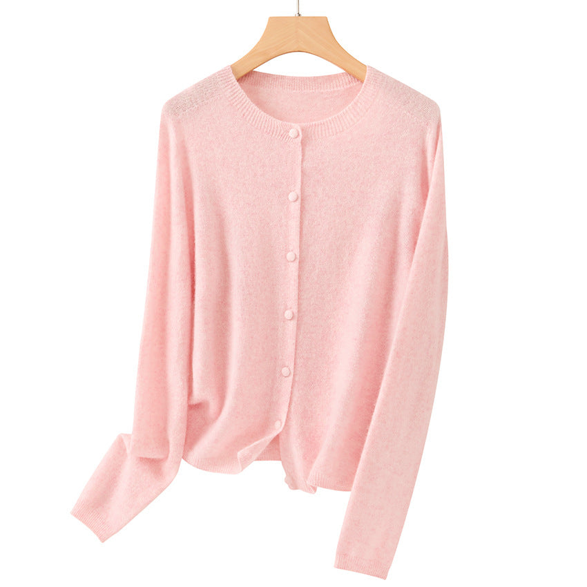 Women Fine Round Neck Cardigan with Button Placket and Light Fleece Chichicherry