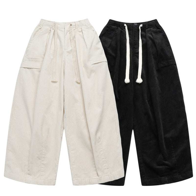 Women Wide High-Waisted Cord Pants in Culotte Cut with Drawstring and Patch Pockets Chichicherry