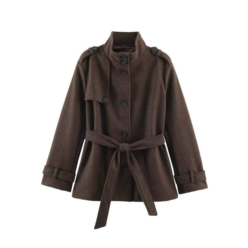 Women Short fitted coat with stand-up collar, shoulder straps and tie belt Chichicherry