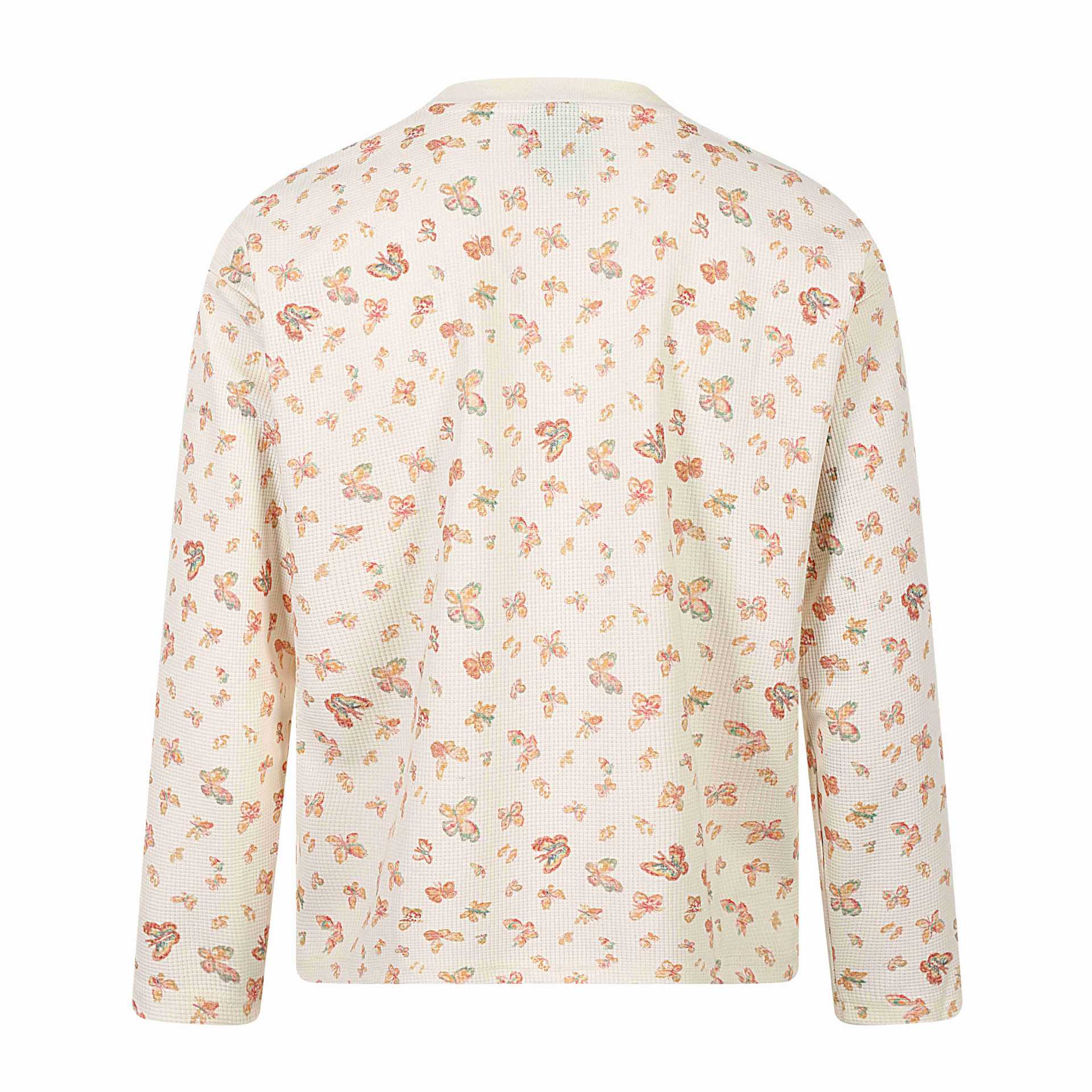 Ladies waffle knit long sleeve shirt with all-over butterfly print and round neck Chichicherry