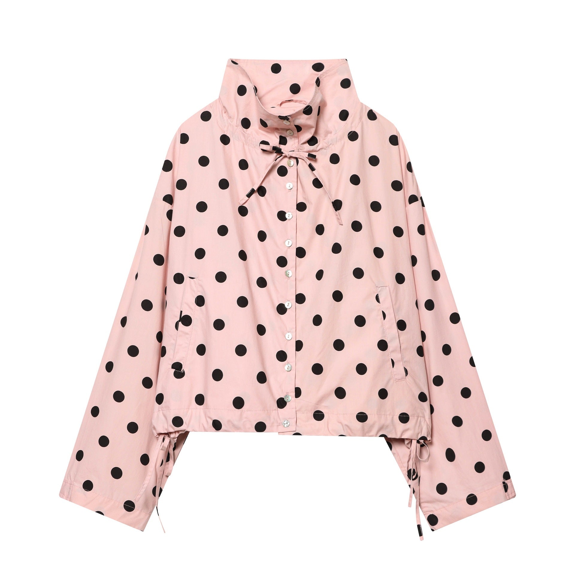 Women's Polka Dot Cropped Blouson Jacket with High Stand Collar, Drawstring and Button Placket Chichicherry